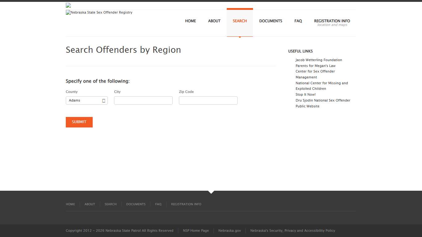 Nebraska Sex Offender Registry: Region Search
